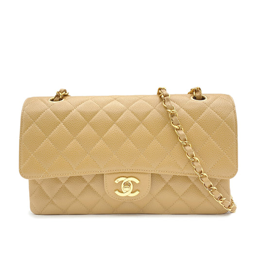 CHANEL VINTAGE CLASSIC FLAP MEDIUM CHAIN SHOULDER BAG BEIGE CAVIAR SKIN 90216555