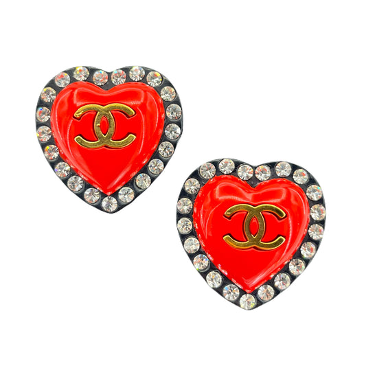 CHANEL VINTAGE EARRINGS HEART RHINESTONE COCOMARK RED ACCESSORY 95P 90218754