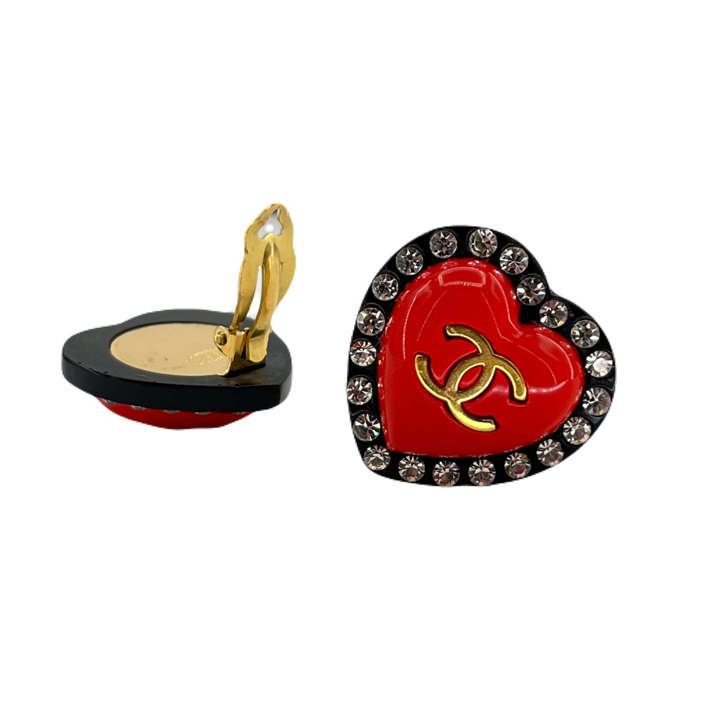 CHANEL VINTAGE EARRINGS HEART RHINESTONE COCOMARK RED ACCESSORY 95P 90218754