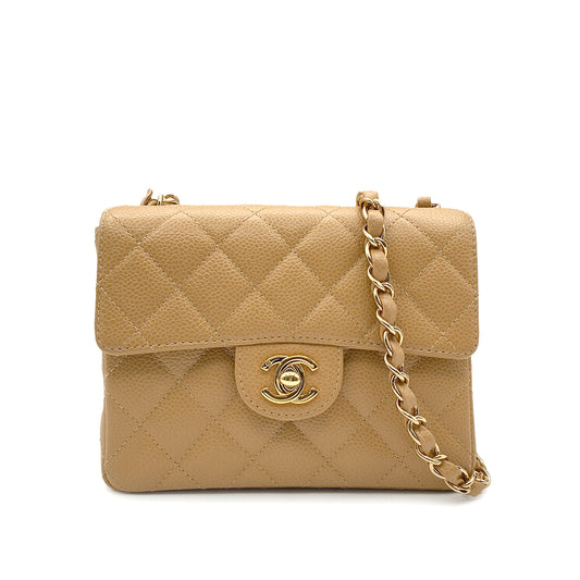 CHANEL VINTAGE MINI SQUARE 17 CHAIN SHOULDER BAG BEIGE CAVIAR SKIN 90220262