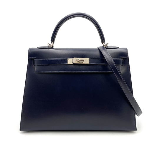 HERMES KELLY 32 SELLIER GUILLOCHE NAVY BOXCALF HAND SHOULDER BAG □G SHW 90221030
