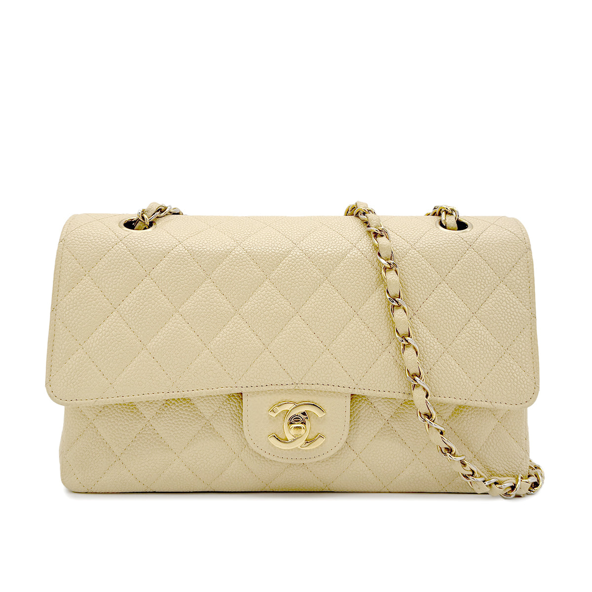 CHANEL VINTAGE CLASSIC FLAP MEDIUM CHAIN SHOULDER BAG BEIGE CAVIAR SKIN 90222287