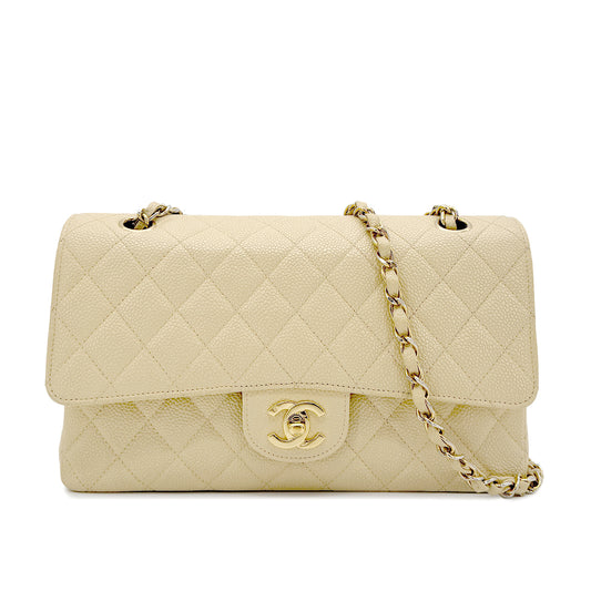 CHANEL VINTAGE CLASSIC FLAP MEDIUM CHAIN SHOULDER BAG BEIGE CAVIAR SKIN 90222287