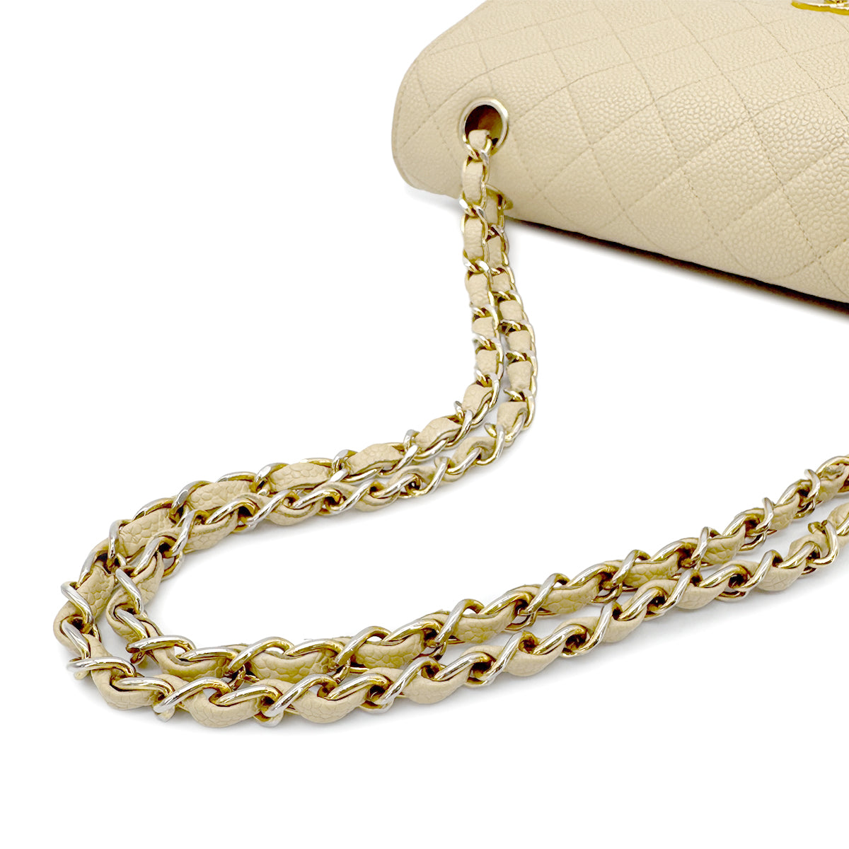 CHANEL VINTAGE CLASSIC FLAP MEDIUM CHAIN SHOULDER BAG BEIGE CAVIAR SKIN 90222287