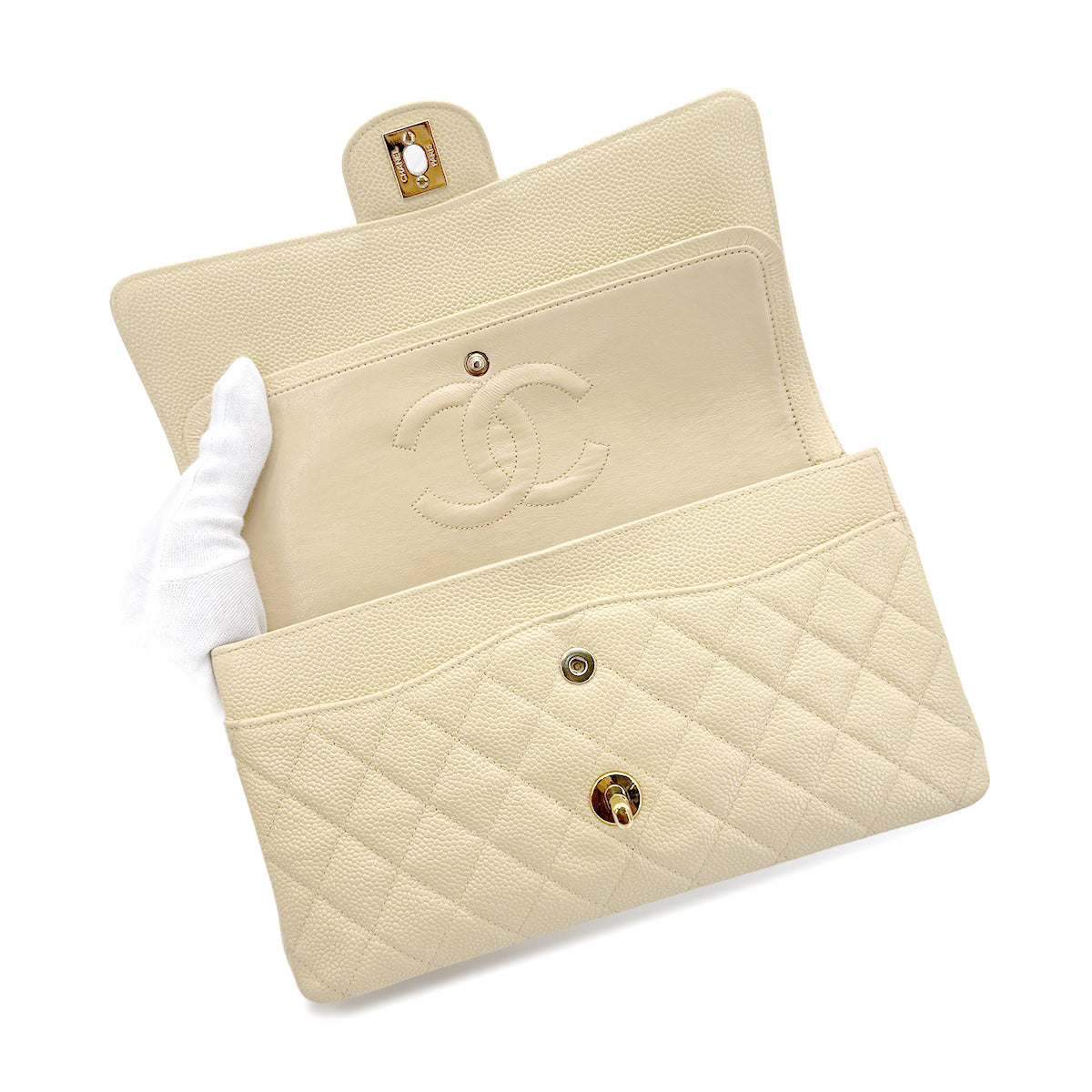 CHANEL VINTAGE CLASSIC FLAP MEDIUM CHAIN SHOULDER BAG BEIGE CAVIAR SKIN 90222287