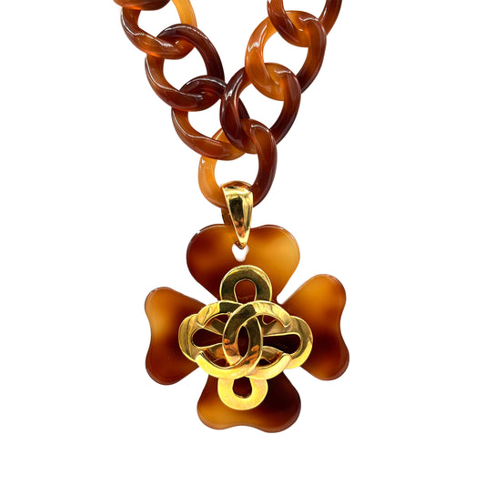 CHANEL VINTAGE NECKLACE TORTOISESHELL CLOVER MOTIF COCOMARK ACCESSORY 95P 90222516