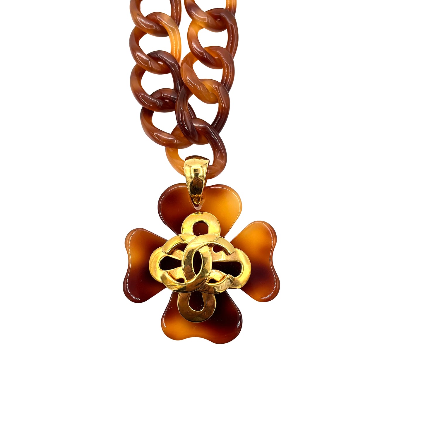 CHANEL VINTAGE NECKLACE TORTOISESHELL CLOVER MOTIF COCOMARK ACCESSORY 95P 90222516