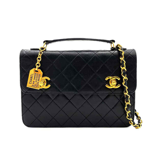 CHANEL VINTAGE DOUBLE TURN LOCK CHAIN SHOULDER BAG BLACK LAMB SKIN 902228425