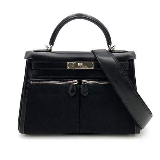 HERMES KELLY LAKIS 28 BLACK BOXCALF TOILE OFFICIER HAND SHOULDER BAG □J SHW 90224703