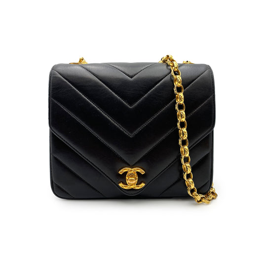 CHANEL VINTAGE CHEVRON BIJOU CHAIN SHOULDER BAG BLACK LAMB SKIN 902226793