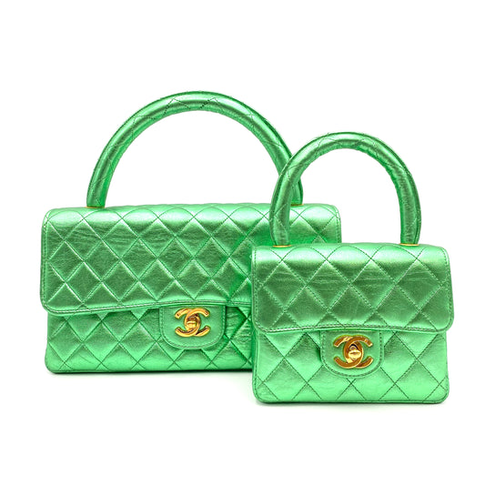 CHANEL VINTAGE PARENT-CHILD BAG METALLIC GREEN LAMB SKIN 90228454