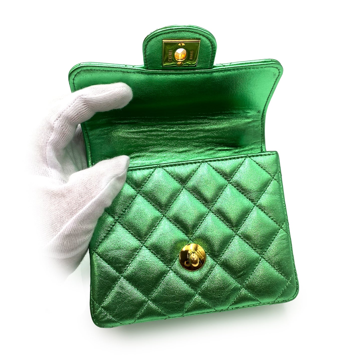 CHANEL VINTAGE PARENT-CHILD BAG METALLIC GREEN LAMB SKIN 90228454
