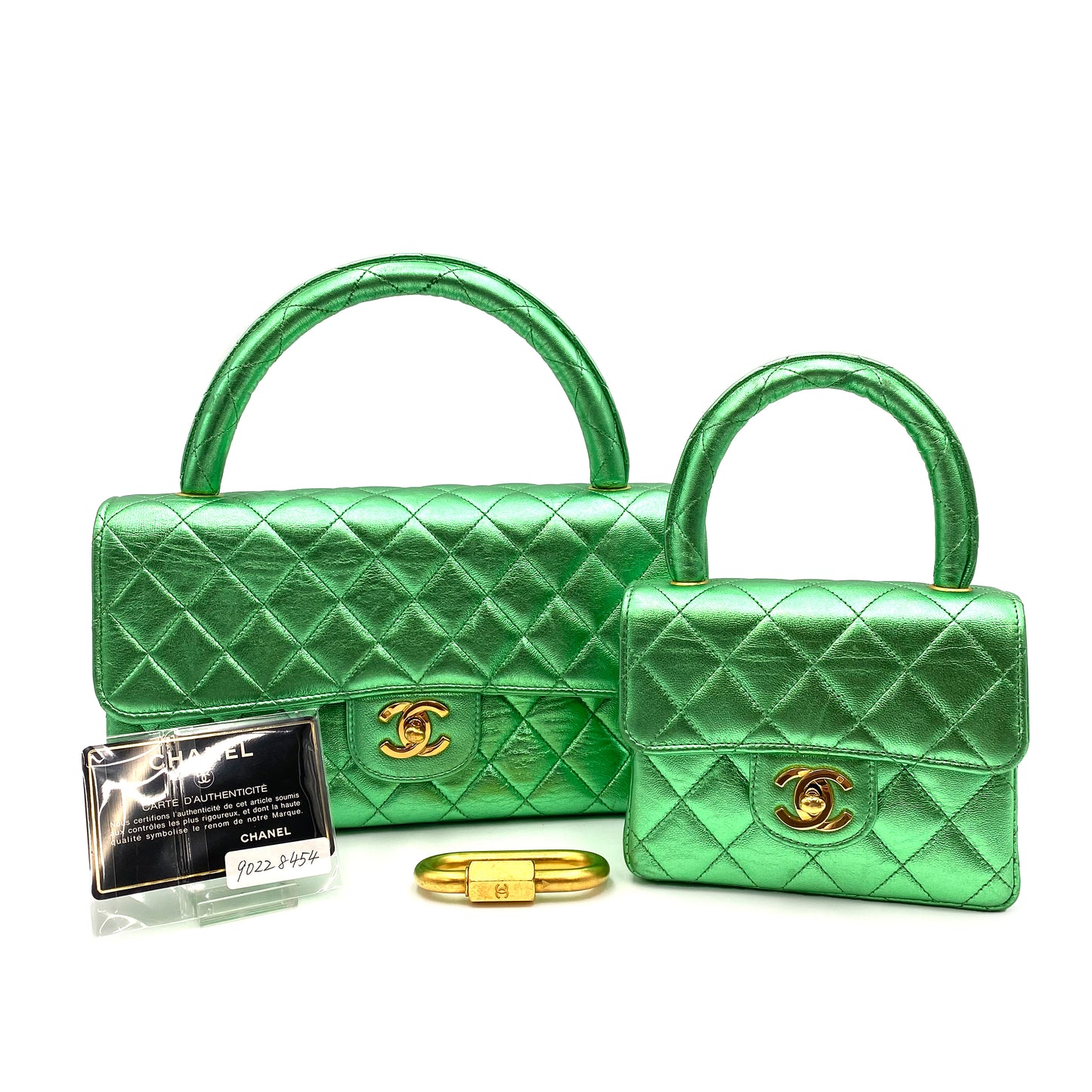CHANEL VINTAGE PARENT-CHILD BAG METALLIC GREEN LAMB SKIN 90228454