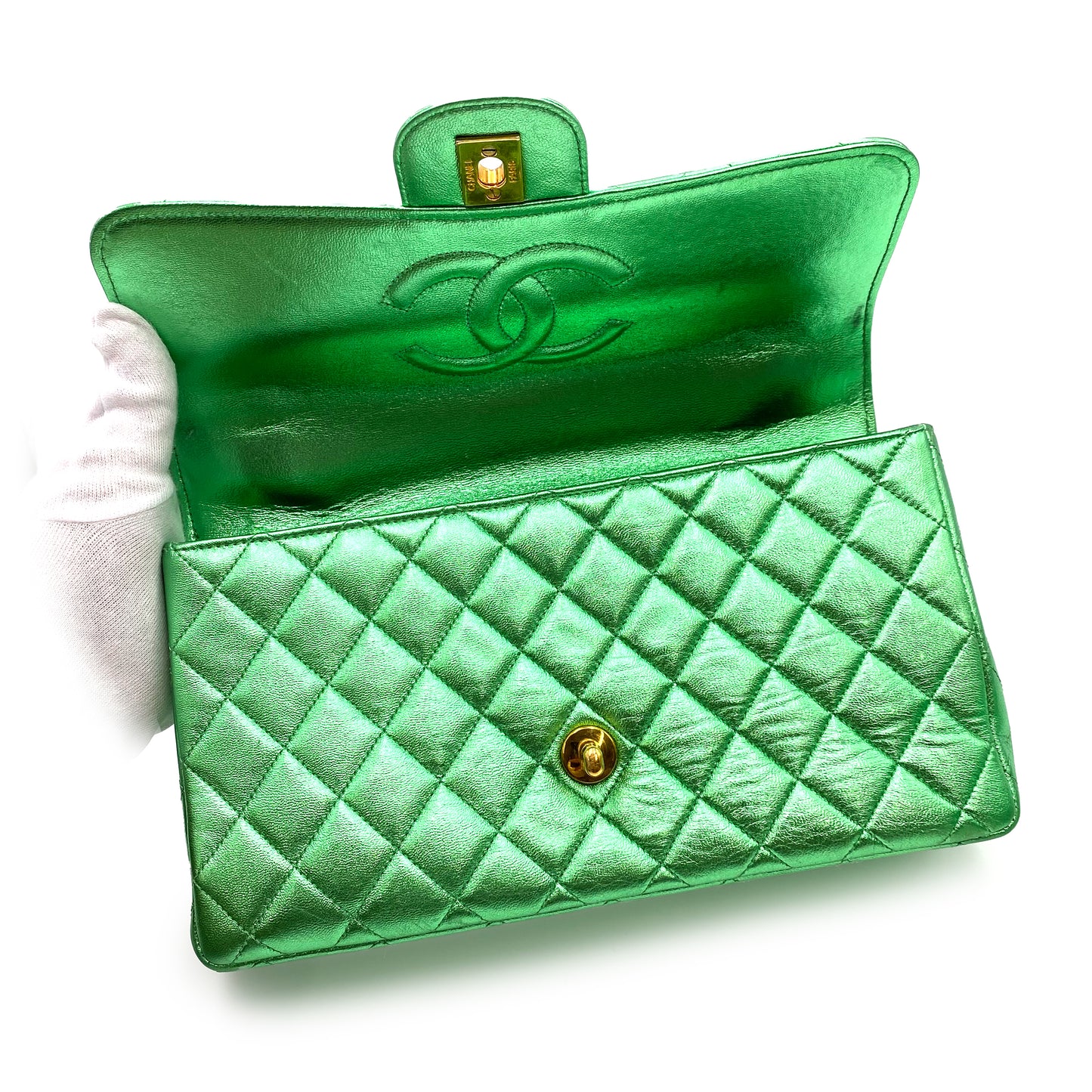CHANEL VINTAGE PARENT-CHILD BAG METALLIC GREEN LAMB SKIN 90228454