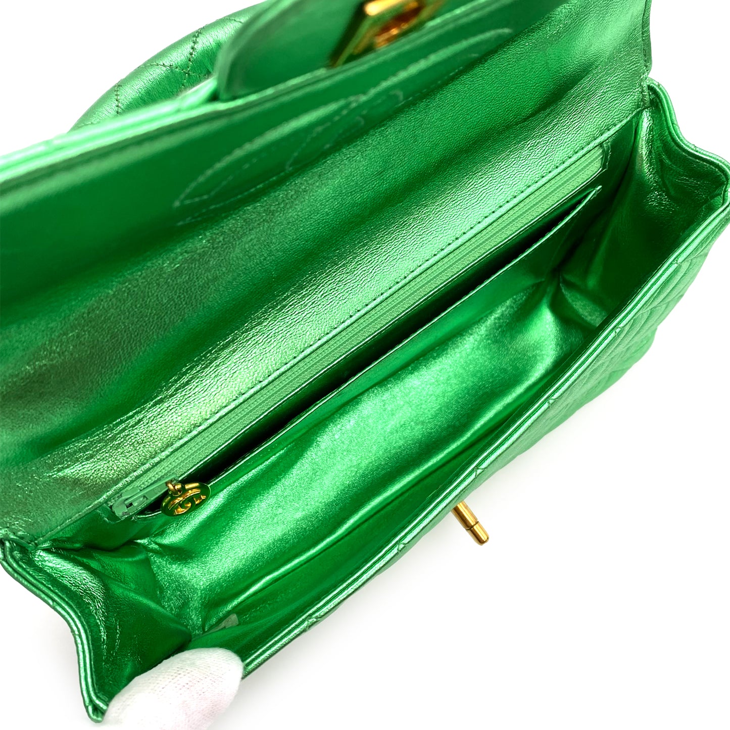 CHANEL VINTAGE PARENT-CHILD BAG METALLIC GREEN LAMB SKIN 90228454