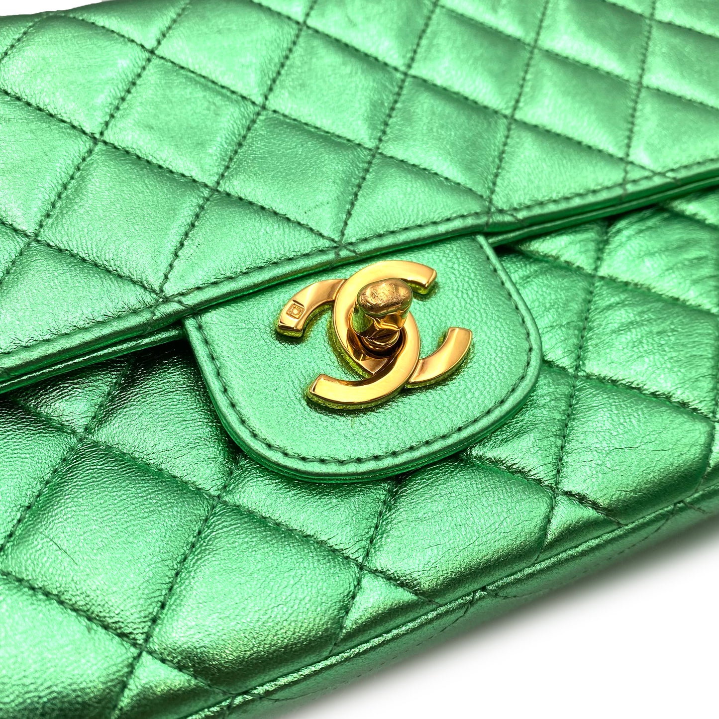 CHANEL VINTAGE PARENT-CHILD BAG METALLIC GREEN LAMB SKIN 90228454