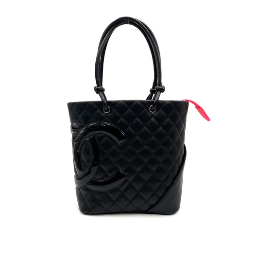 CHANEL VINTAGE CAMBON LINE MEDIUM TOTE HAND BAG BLACK PINK CALF SKIN 90228458