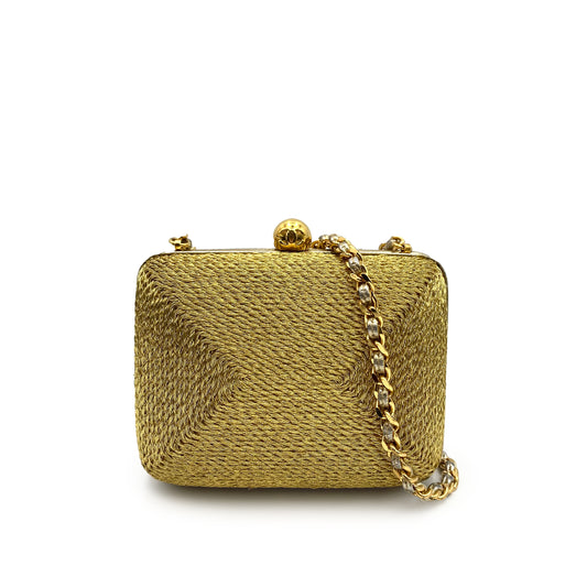 CHANEL VINTAGE PARTY CHAIN HAND SHOULDER BAG GOLD RAFFIA 90230401