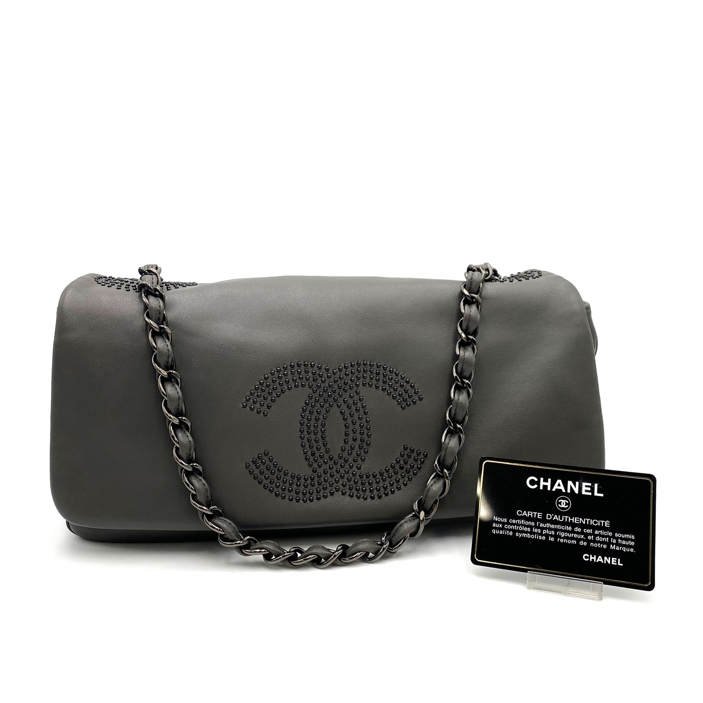 CHANEL VINTAGE COCOMARK STUDS CHAIN SHOULDER BAG GRAY LAMB SKIN 90231635