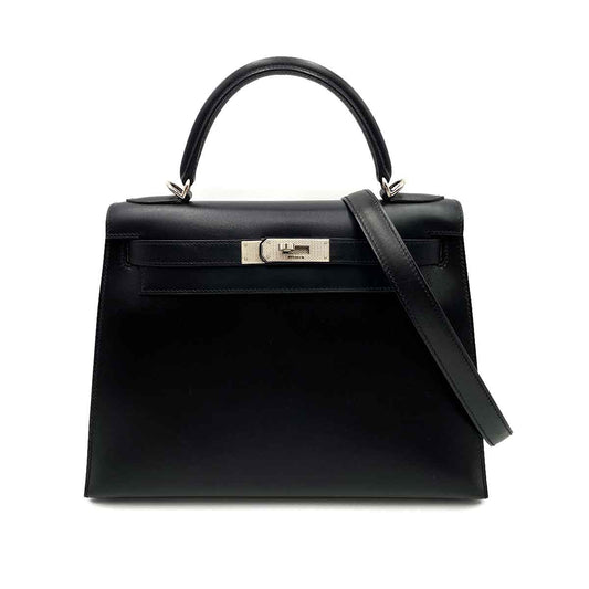HERMES KELLY 28 SELLIER GUILLOCHE BLACK BOXCALF HAND SHOULDER BAG ▢G 90231896