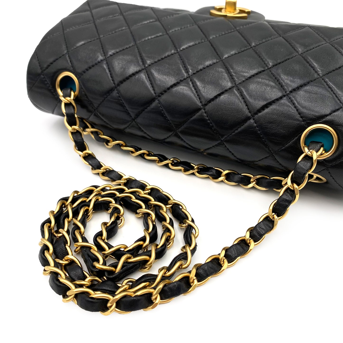CHANEL VINTAGE CLASSIC FLAP MEDIUM CHAIN SHOULDER BAG BLACK BLUE LAMB SKIN 90232178