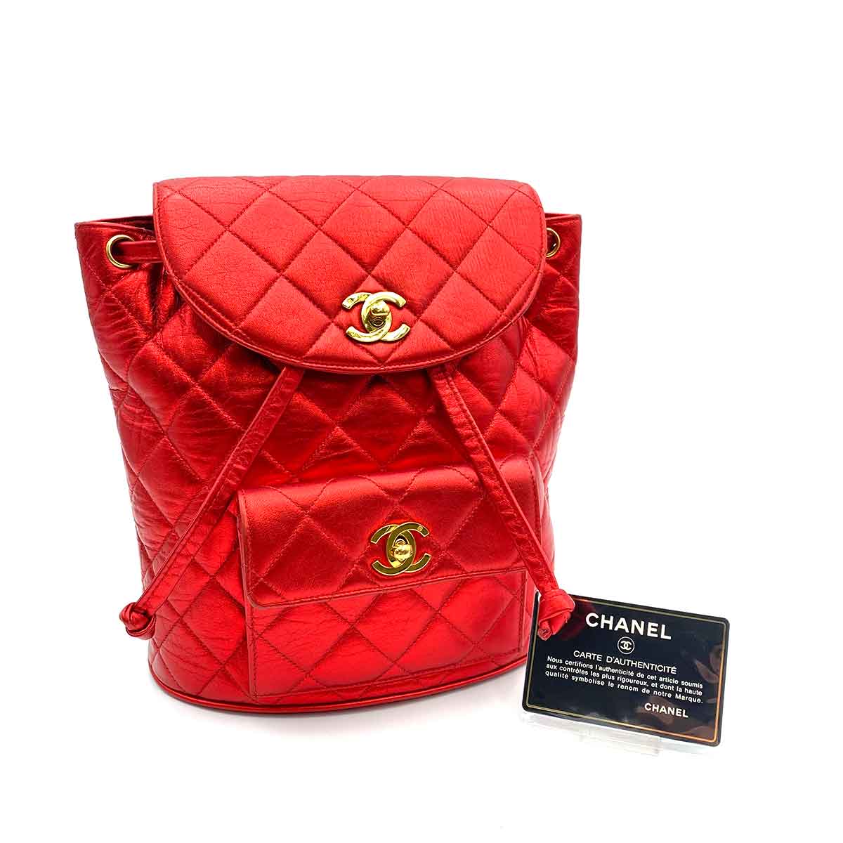 CHANEL VINTAGE DUMA CHAIN BACKPACK METALLIC RED LAMB SKIN 90233683