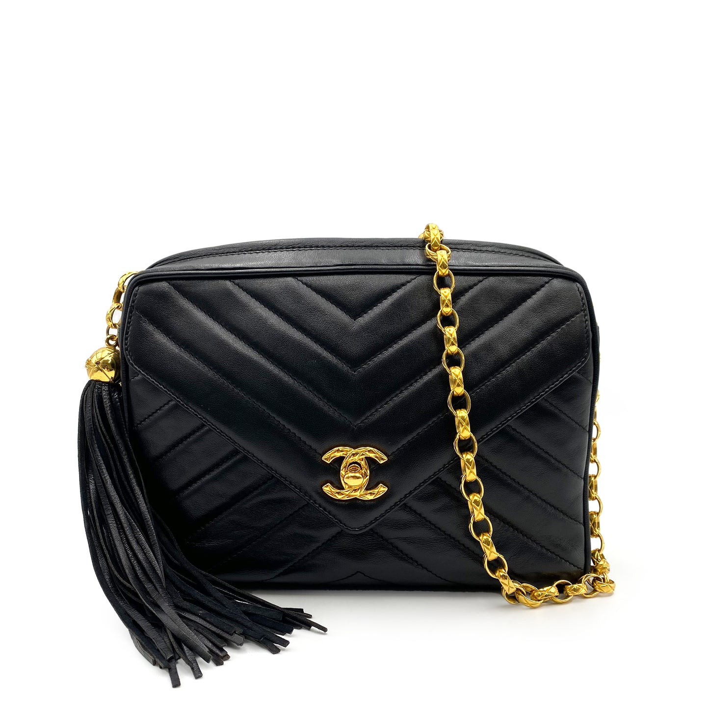 CHANEL VINTAGE CHEVRON FRINGE BIJOU CHAIN SHOULDER BAG BLACK LAMB SKIN 90234737