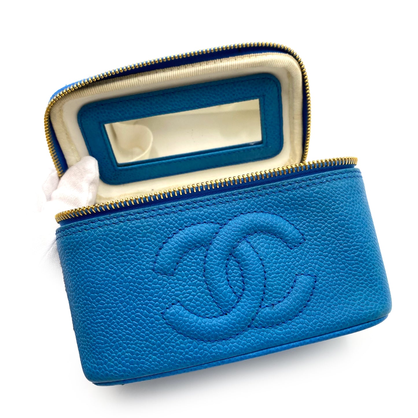 CHANEL VINTAGE MINI VANITY HAND BAG BLUE CAVIAR SKIN 90234752