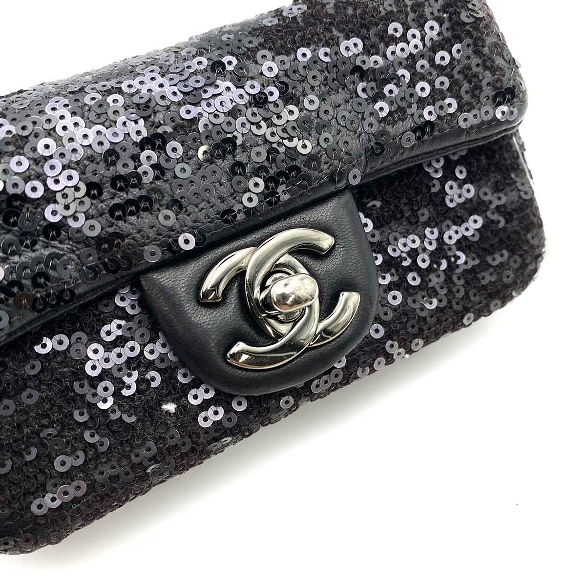 CHANEL MINI CHAIN SHOULDER BAG BLACK SEQUINS LEATHER 90235890