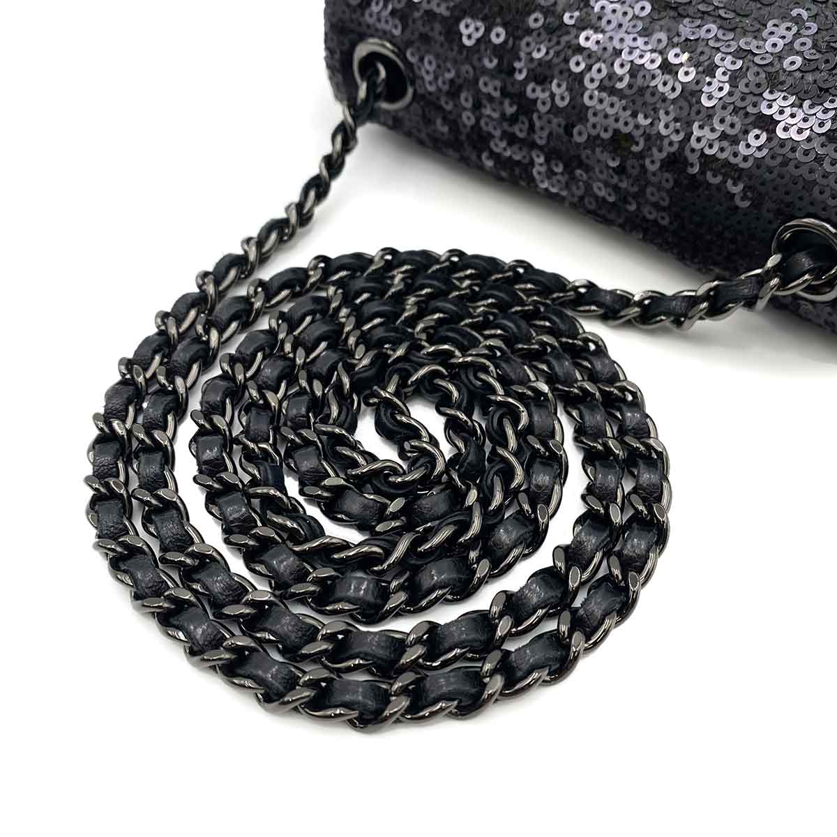 CHANEL MINI CHAIN SHOULDER BAG BLACK SEQUINS LEATHER 90235890