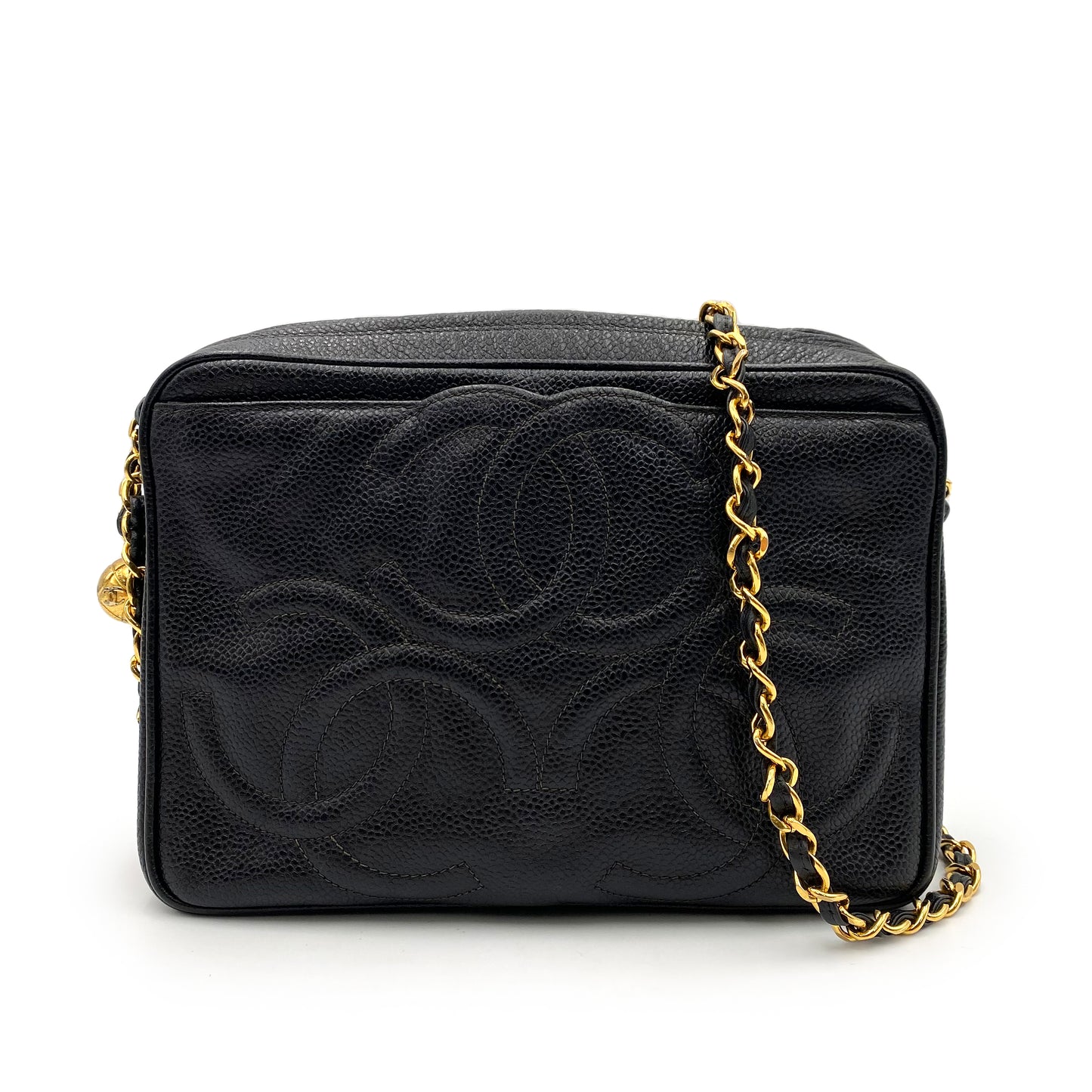 CHANEL VINTAGE TRIPLE COCOMARK CHAIN SHOULDER BAG BLACK CAVIAR SKIN 90235892