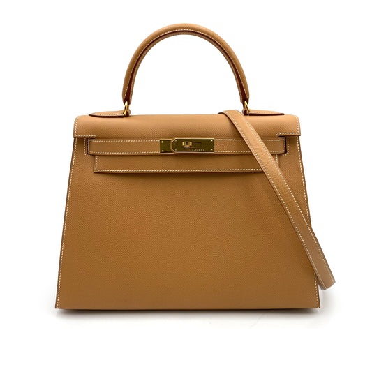 HERMES KELLY 28 SELLIER NATURAL COUCHEVEL HAND SHOULDER BAG □B 90236739