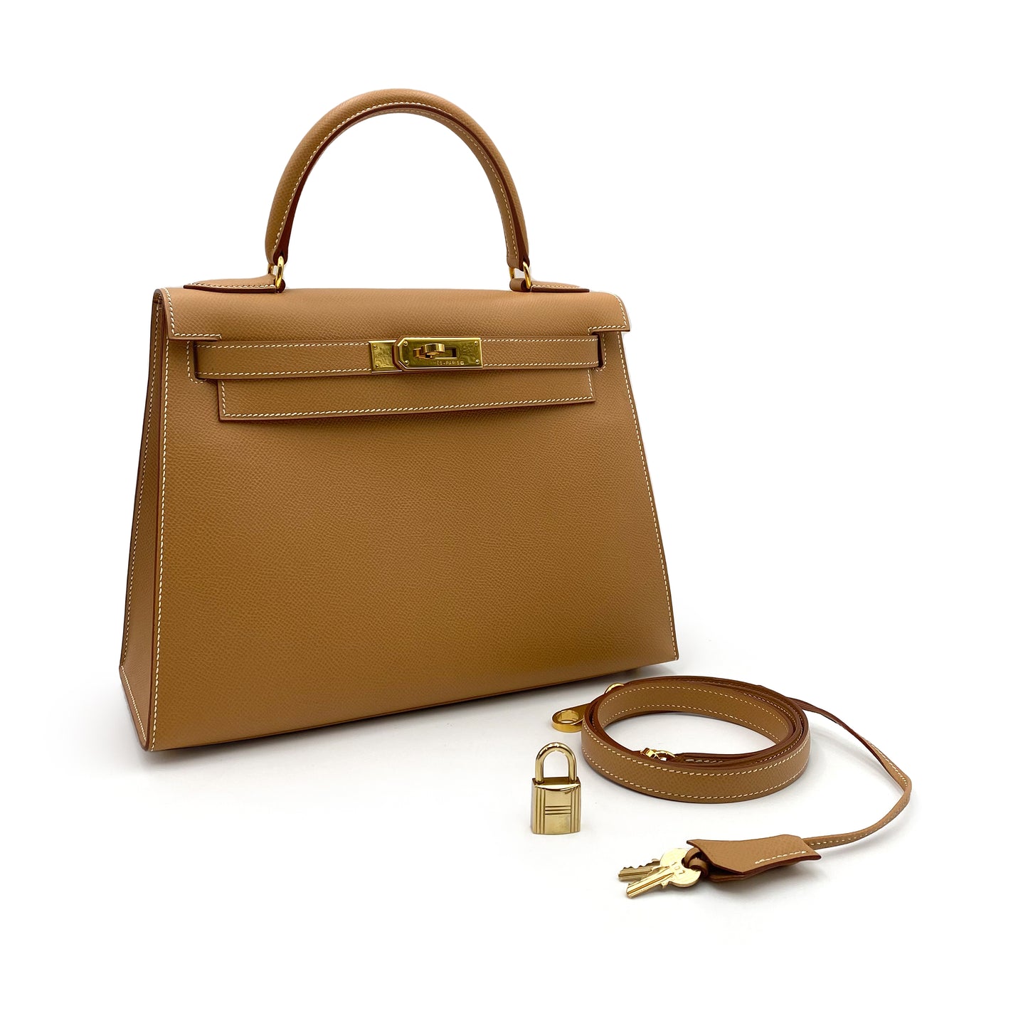 HERMES KELLY 28 SELLIER NATURAL COUCHEVEL HAND SHOULDER BAG □B 90236739