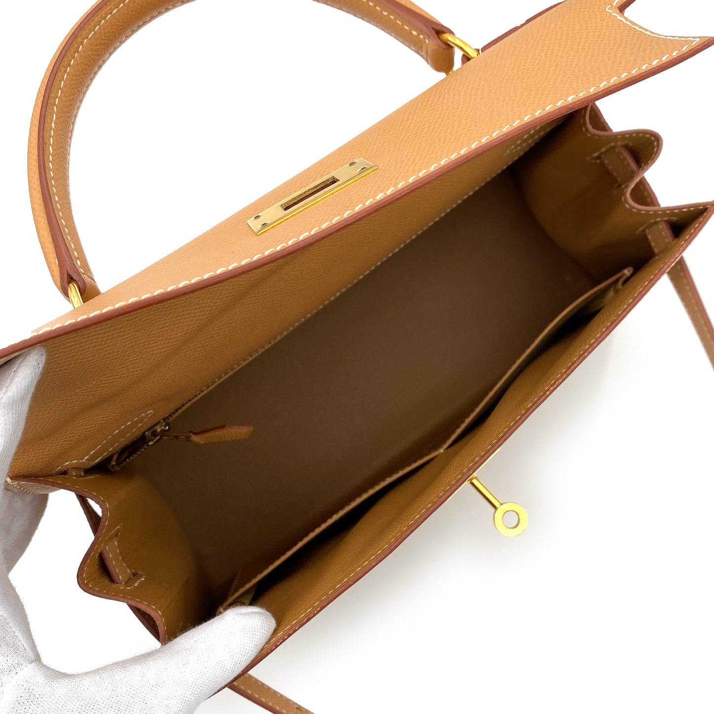 HERMES KELLY 28 SELLIER NATURAL COUCHEVEL HAND SHOULDER BAG □B 90236739