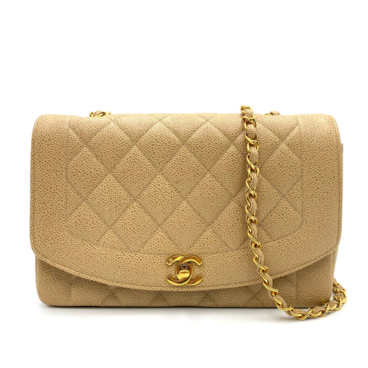 CHANEL VINTAGE DIANA MEDIUM CHAIN SHOULDER BAG BEIGE CAVIAR SKIN 90237322