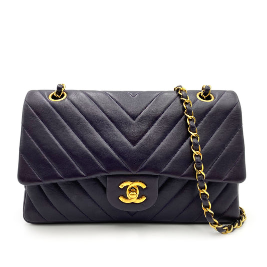 CHANEL VINTAGE CHEVRON DOUBLE FLAP CHAIN SHOULDER BAG PURPLE LAMB SKIN 90238527