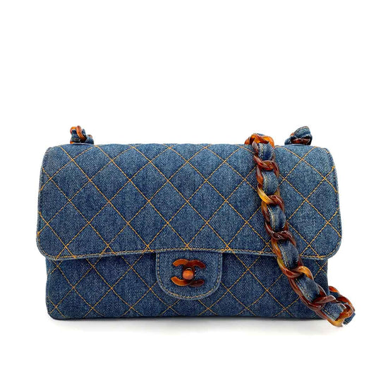 CHANEL VINTAGE TORTOISESHELL CHAIN SHOULDER BAG BLUE DENIM 90238993