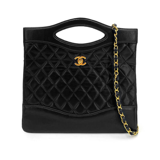 CHANEL VINTAGE 2WAY HAND CHAIN SHOULDER BAG BLACK LAMB SKIN 90239090