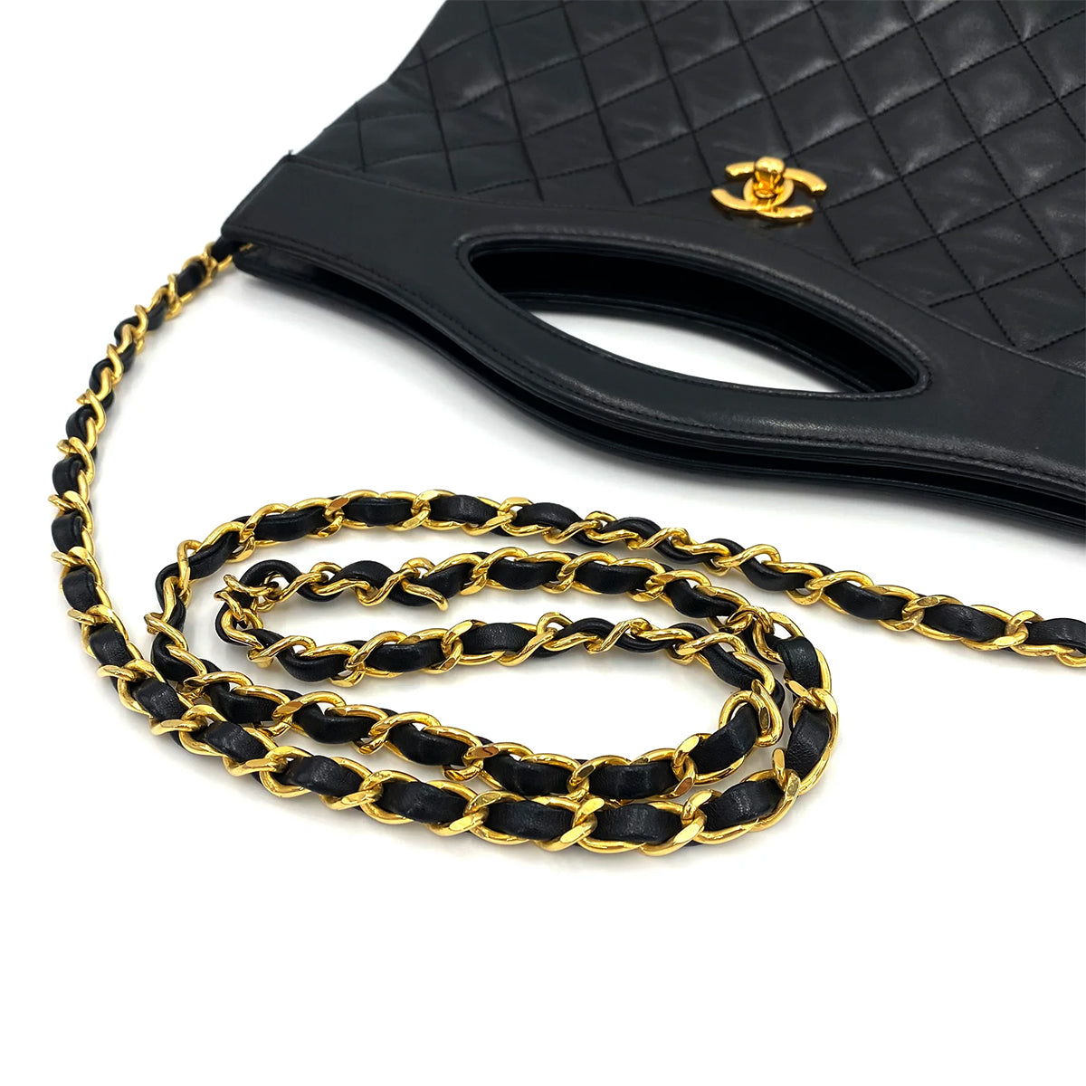 CHANEL VINTAGE 2WAY HAND CHAIN SHOULDER BAG BLACK LAMB SKIN 90239090