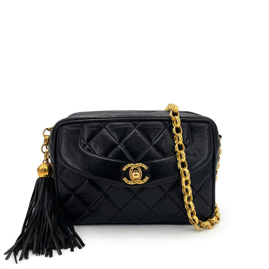 CHANEL VINTAGE MATELASSE FRINGE BIJOU CHAIN SHOULDER BAG BLACK LAMB SKIN 90239307