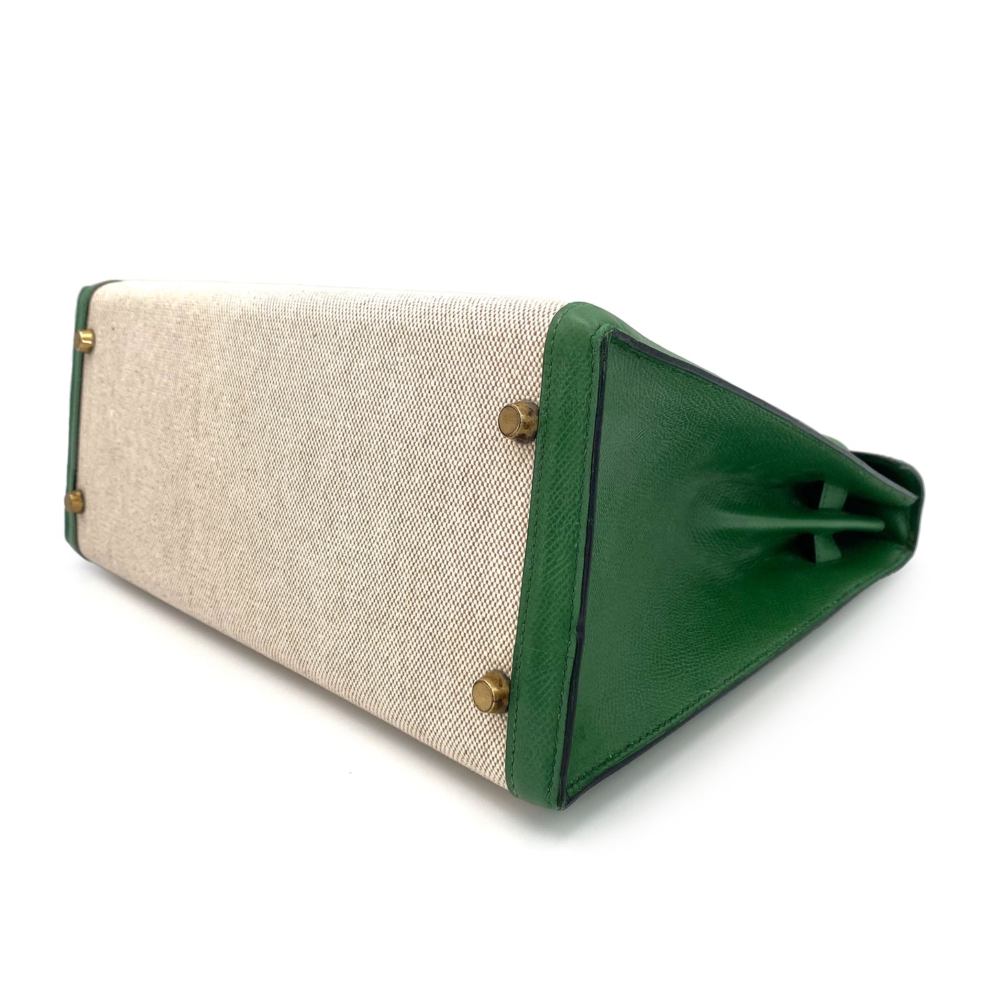 HERMES KELLY 32 SELLIER GREEN COUCHVEL TOILE H HAND SHOULDER BAG 〇X 90239777
