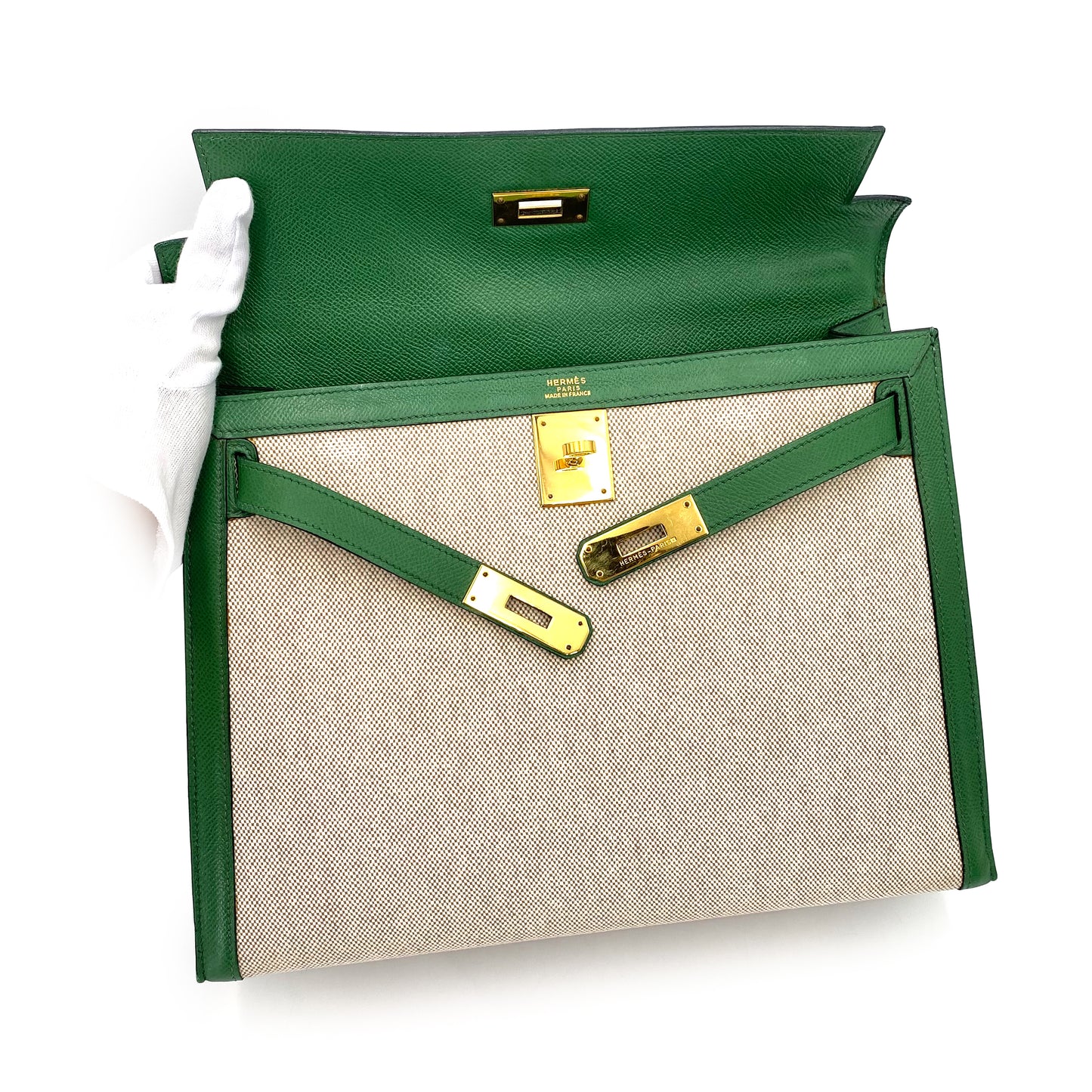 HERMES KELLY 32 SELLIER GREEN COUCHVEL TOILE H HAND SHOULDER BAG 〇X 90239777