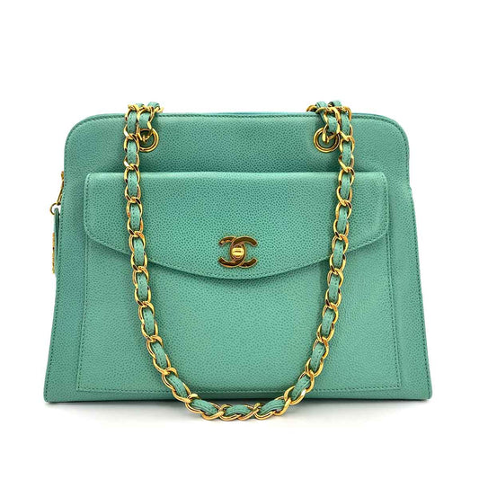 CHANEL VINTAGE CHAIN SHOULDER BAG EMERALD GREEN CAVIAR SKIN 90240412