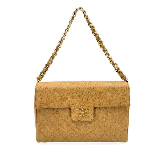 CHANEL VINTAGE MATELASSE CHAIN SHOULDER BAG BEIGE CAVIAR SKIN 90240419