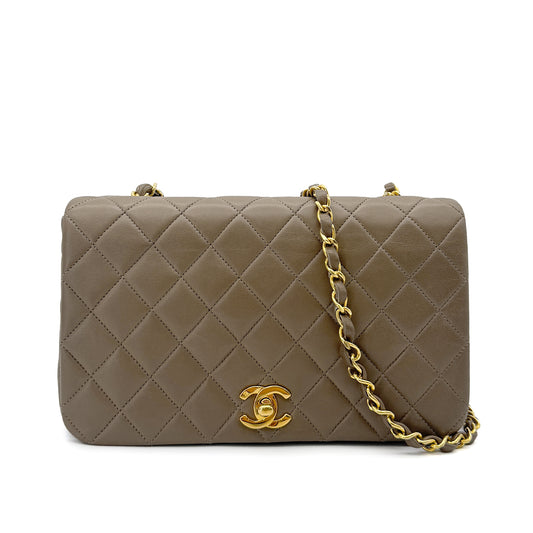 CHANEL VINTAGE FULL FLAP CHAIN SHOULDER BAG MOCA BROWN LAMB SKIN 90240426