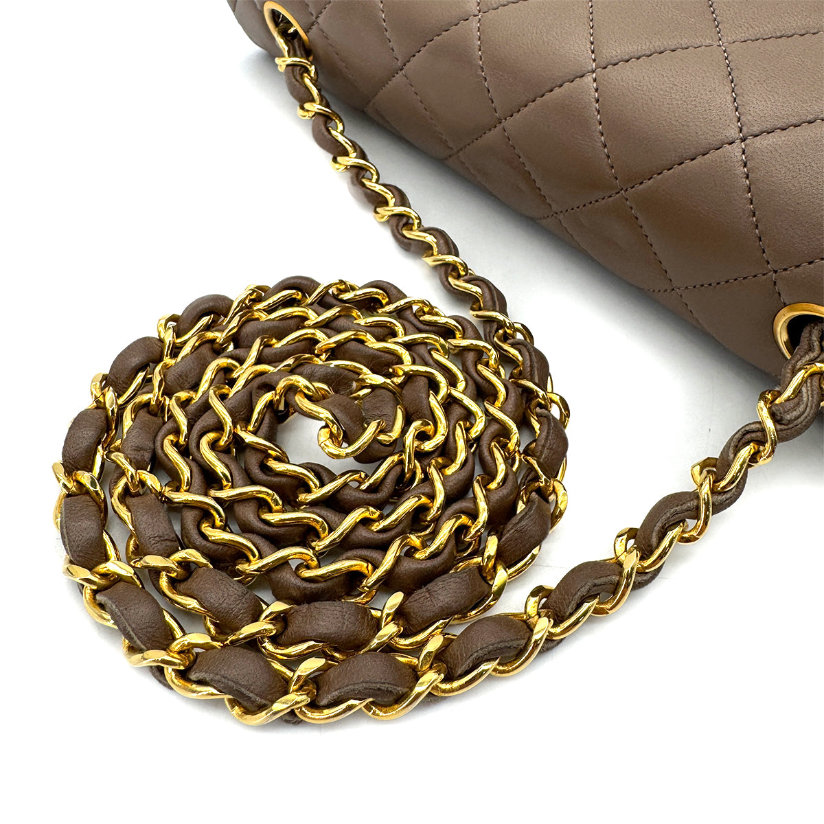 CHANEL VINTAGE FULL FLAP CHAIN SHOULDER BAG MOCA BROWN LAMB SKIN 90240426