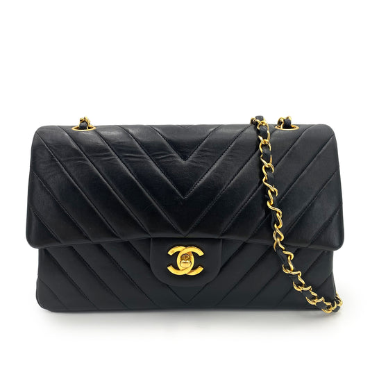 CHANEL VINTAGE CHEVRON DOUBLE FLAP CHAIN SHOULDER BAG BLACK LAMB SKIN 90240429