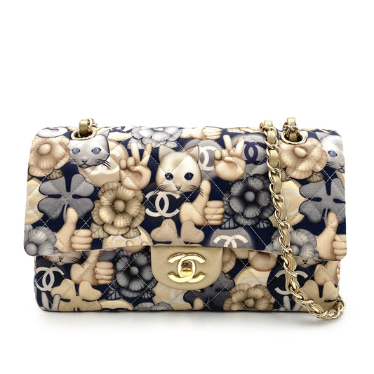 CHANEL CLASSIC FLAP MEDIUM CHAIN SHOULDER BAG CAT PATTERN MULTICOLOR NYLON LAMB SKIN 90240434