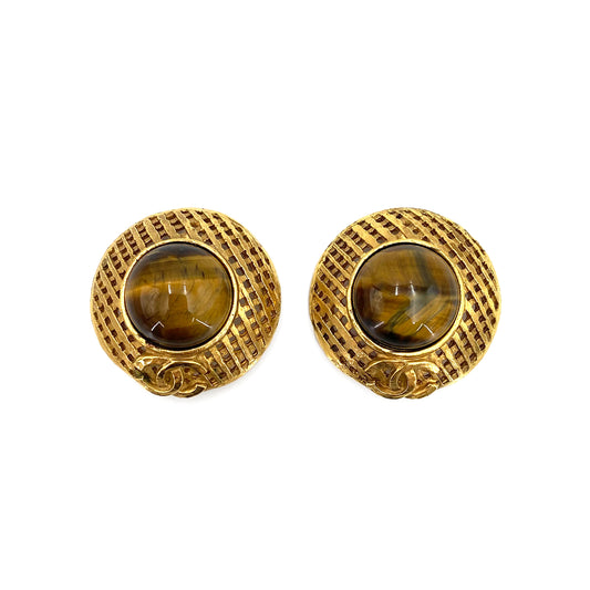 CHANEL VINTAGE EARRINGS ROUND BRAIDING COCOMARK TIGER EYE ACCESSORY 94P 90240938
