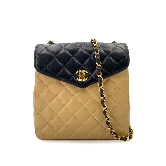 CHANEL VINTAGE MATELASSE CHAIN SHOULDER BAG BYCOLOR BEIGE BLACK LAMB SKIN 90240939